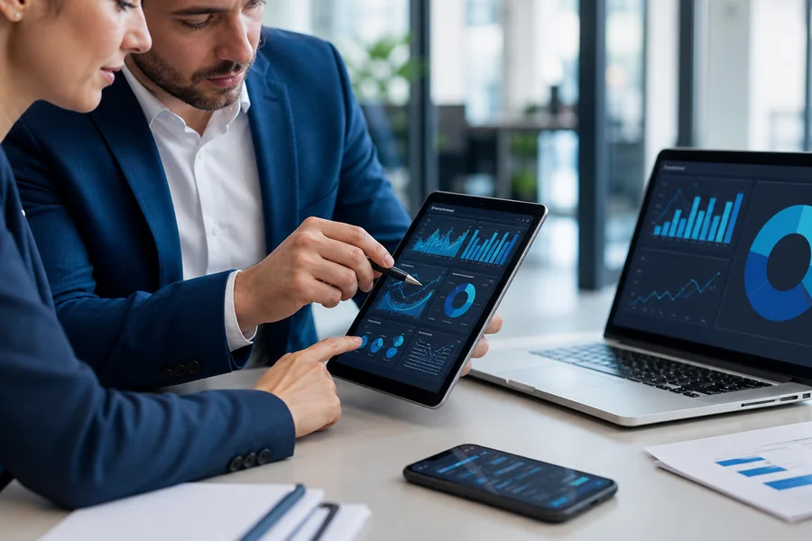 Profissionais utilizando ferramentas digitais no trabalho